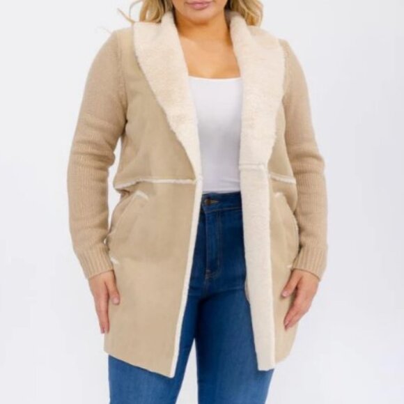 OnTwelfth Women’s Plus Size Open Front Faux Suede & Sherpa Lined Coat – Beige - Picture 9 of 12